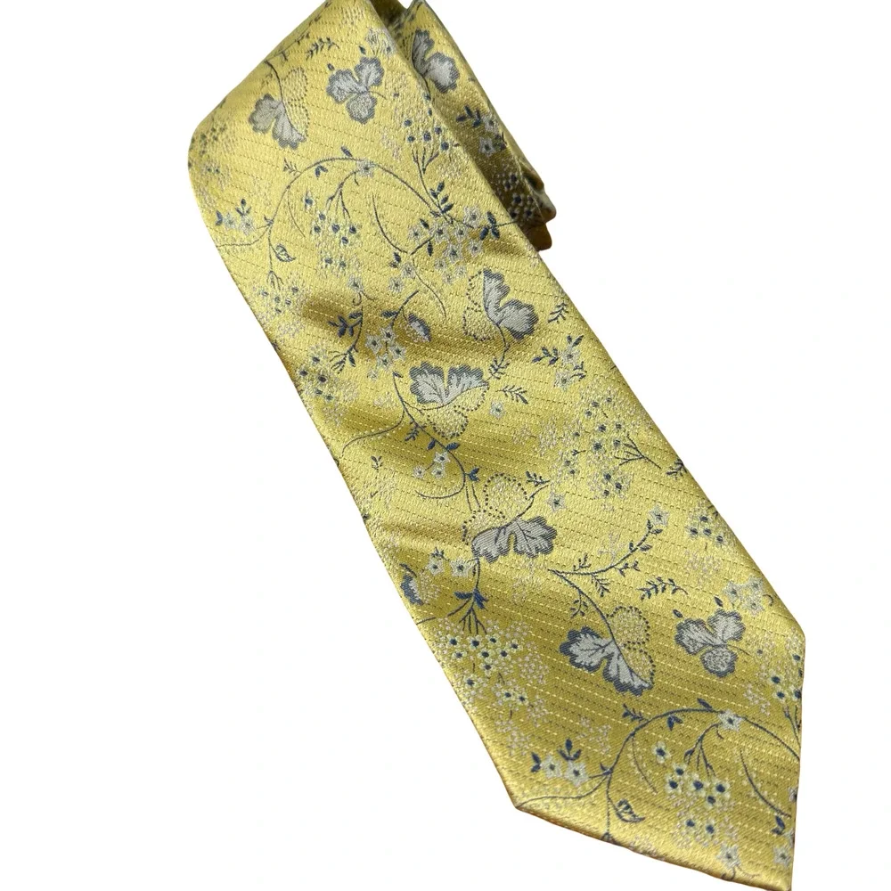 JS Blank & Co New York 100% Silk Floral Necktie Neck Tie Gray Yellow 3